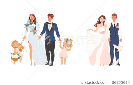 Affectionate Newlyweds Couple as Just Married Male and Female in Wedding Dress Holding Hands Vector Illustration Set Affectionate Newlyweds Couple as Just Married Male and Female in Wedding Dress Holding Hands Vector Illustration Set 86835624