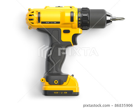 Yellow electric screwdriver drill on white isolated background. Yellow electric screwdriver drill on white isolated background. 86835906
