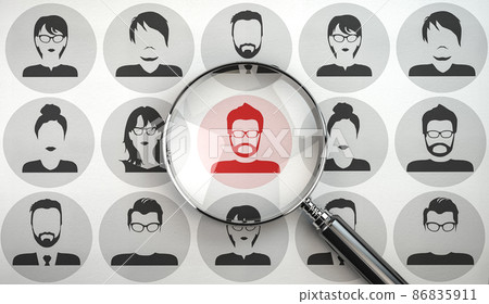 Recruitment, search job vacancy, HR human resources and social network search concept. A lot of avatar profiles and magnifying glass. 86835911