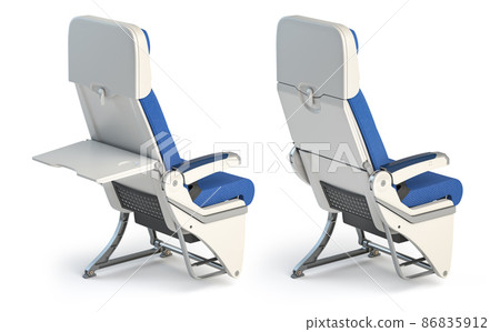 Aircraft seat with airplane tray table open and closed isolated on white. 86835912