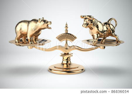 Bull and bear on a scales. Bearish or bullish market on stock exchange concept. 86836034