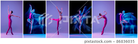 Flexibility and emotions. Collage of portraits of female ballet dancers dancing on dark studio background in neon mixed light. Models in stage images. Flexibility and emotions. Collage of portraits of female ballet dancers dancing on dark studio background in neon mixed light. Models in stage images. 86836035