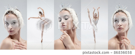 Set of images of graceful classic ballerina isolated on white studio background. Woman in tender clothes like a white swan character. Set of images of graceful classic ballerina isolated on white studio background. Woman in tender clothes like a white swan character. 86836038