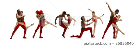 Composite image of two people, man and woman dancing in contemporary style of ballet at studio on gray background. Beauty, art, diversity concept Composite image of two people, man and woman dancing in contemporary style of ballet at studio on gray background. Beauty, art, diversity concept 86836040
