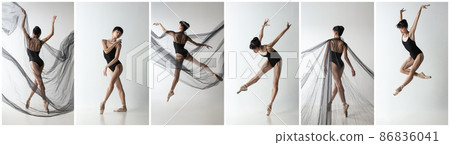 Collage of portraits of one young slim beautiful asian girl, female ballet dancer dancing with black fabric isolated on white background. Collage of portraits of one young slim beautiful asian girl, female ballet dancer dancing with black fabric isolated on white background. 86836041