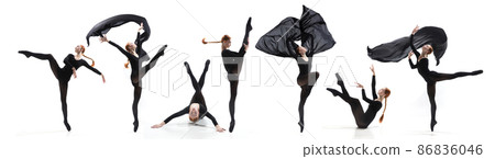 Collage of portraits of one young beautiful female ballet dancer dancing with black fabric isolated on white background. Collage of portraits of one young beautiful female ballet dancer dancing with black fabric isolated on white background. 86836046
