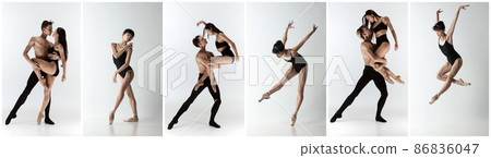 Composite image of two people, man and woman dancing in contemporary style of ballet at studio on gray background. Beauty, art, diversity concept Composite image of two people, man and woman dancing in contemporary style of ballet at studio on gray background. Beauty, art, diversity concept 86836047