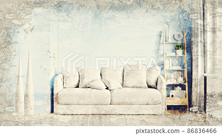 Modern beautiful interior of the room with colored walls, large windows and stylish furniture. The image is stylized as an oil painting. Bright and stylish design. 3D rendering 86836466