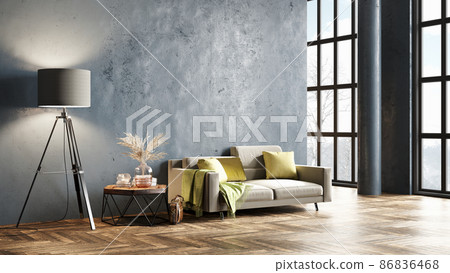 Modern beautiful interior with columns, colored wall and stylish furniture. Bright loft design. 3D rendering Modern beautiful interior with columns, colored wall and stylish furniture. Bright loft design. 3D rendering 86836468