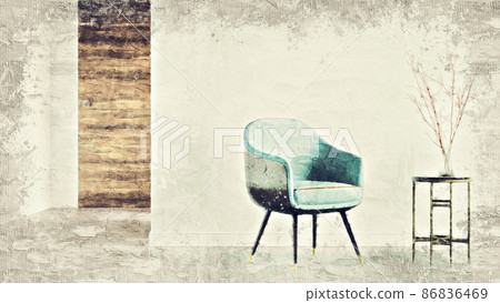 Modern beautiful interior of the room with colored walls, large windows and stylish furniture. The image is stylized as an oil painting. Bright and stylish design. 3D rendering Modern beautiful interior of the room with colored walls, large windows and stylish furniture. The image is stylized as an oil painting. Bright and stylish design. 3D rendering 86836469