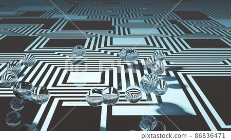 Image cut of many spheres floating on CG particles electronic circuit Image cut of many spheres floating on CG particles electronic circuit 86836471
