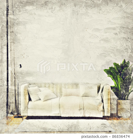 Modern beautiful interior of the room with colored walls, large windows and stylish furniture. The image is stylized as an oil painting. Bright and stylish design. 3D rendering 86836474