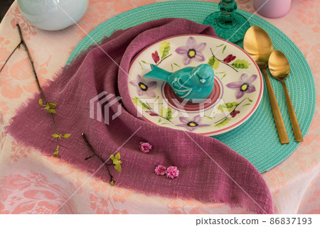 Table setting in pink and turquoise colors, spring day Table setting in pink and turquoise colors, spring day 86837193
