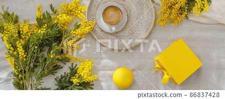 Branches of yellow mimosa flowers on white linen bed sheets, cup or coffee, french yellow macaroons, grapefruit and yellow gift box. Greeting for International Womens Day on March 8th, mothers day or Branches of yellow mimosa flowers on white linen bed sheets, cup or coffee, french yellow macaroons, grapefruit and yellow gift box. Greeting for International Womens Day on March 8th, mothers day or 86837428