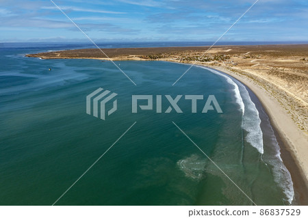 pacific ocean waves in Scorpion Bay San Juanico Baja California Sur Mexico aerial panorama landscape 86837529