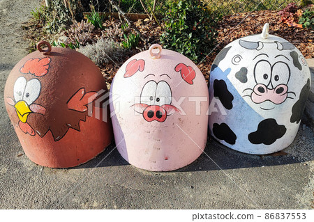 chicken pig cow animal painted road bollard detail 86837553
