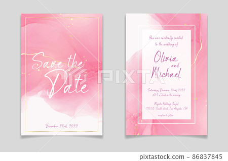 Rose pink liquid watercolor background with golden dots. Dusty blush marble alcohol ink drawing effect. Vector illustration design template for wedding invitation, menu, rsvp 86837845