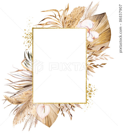 Watercolor Bohemian rectangular golden frame with dried leaves and tropical flowers illustration 86837907