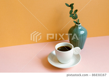 White cup of coffee with vase of green leaf on pink table. orange wall background. copy space White cup of coffee with vase of green leaf on pink table. orange wall background. copy space 86838167