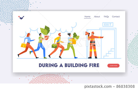 Hazard at Workplace Landing Page Template. Fireman with Megaphone Announce Fire Emergency Evacuation Alarm 86838308