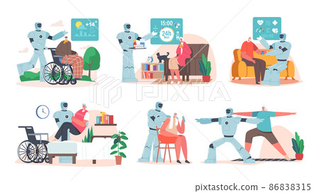 Set of Cyborg Help Old People, Mechanical... - Stock Illustration ...