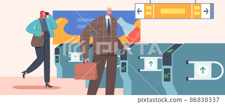 People Going Through Turnstile Entrance, Male and Female Passengers Scan Train Tickets at Automatic Gate in Metro 86838337