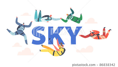 Sky Concept. Base Jumping and Parachuting Extreme Sport Activities, Recreation. Skydiver Characters Jump with Parachute 86838342