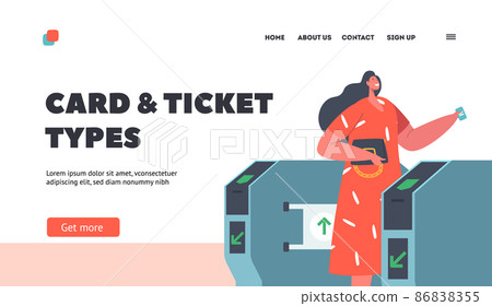 Cards and Ticket Types Landing Page Template. Metro Passengers Scanning Electronic Train Tickets at Turnstiles Entrance 86838355