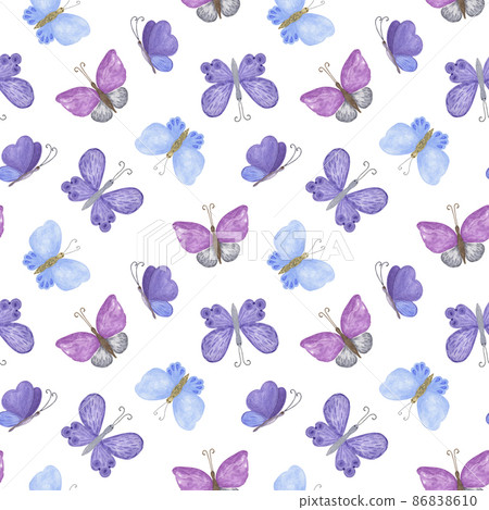 Blue, violet, purple butterflies seamless pattern watercolor illustration in random order, simple hand painted repeat ornament for textile, gift paper, summer decor 86838610