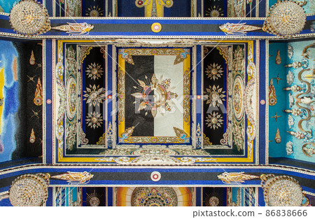 Elaborate sculptures on Ceiling inside the Buddhist church at the famous of The Pariwas temple. Elaborate sculptures on Ceiling inside the Buddhist church at the famous of The Pariwas temple. 86838666