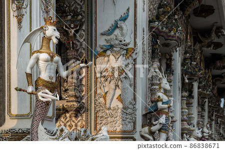 Elaborate sculptures of monster decorated at the chapel of The Pariwas temple. Elaborate sculptures of monster decorated at the chapel of The Pariwas temple. 86838671