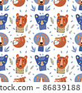 Seamless tropical pattern for kids with cute animals. Colorful vector design for print and web.  86839188