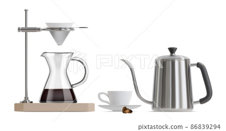 Realistic Detailed 3d Coffee Brewing Gadgets Set Include of Glass Pour-over Drip Kettle and Cup. Vector illustration 86839294