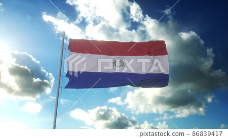 Flag of Paraguay waving at wind against beautiful blue sky. 3d rendering Flag of Paraguay waving at wind against beautiful blue sky. 3d rendering 86839417