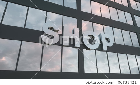 Shop sign on a modern glass skyscraper. Shop glass building. 3d rendering 86839421