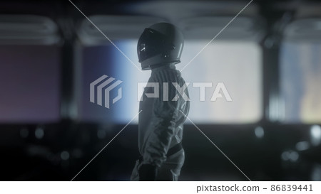 Astronaut going through the tunnel to another compartment of futuristic spaceship. 3d rendering 86839441