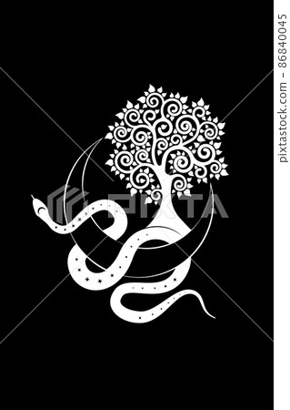 White Snake on Crescent Moon and Tree of life. Sacred geometry, Mystical celestial pagan Wiccan goddess symbol. Half moon wicca banner sign, tattoo, boho style vector isolated on black background 86840045