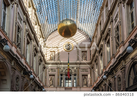 Brussels, Belgium - Glass roof and facades of the Saint Hubertus Gallery in Art Nouveau style with Christmas decoration. Brussels, Belgium - Glass roof and facades of the Saint Hubertus Gallery in Art Nouveau style with Christmas decoration. 86840318
