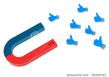 A magnet attracts likes. Social media and influencer marketing concept, 3D rendering A magnet attracts likes. Social media and influencer marketing concept, 3D rendering 86840581