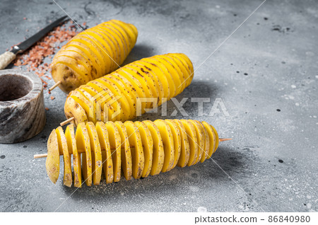 Cooking Tornado or Twist potato fries. Gray background. Top view. Copy space 86840980
