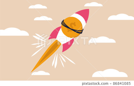 Business fast cost and rocket boost launch with coin. Market strategy innovation and blast price vector illustration concept. Money earnings and growing wealth. Investment higher success and salary Business fast cost and rocket boost launch with coin. Market strategy innovation and blast price vector illustration concept. Money earnings and growing wealth. Investment higher success and salary 86841085