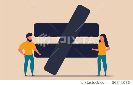 Inequality woman and man in business salary. Discrimination competitor and social gender gap vector illustration concept. Injustice  job and disrespect rights. Unequal and unfair people balance 86841086