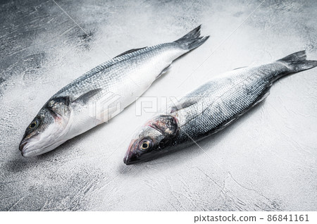 Fresh raw seabass fish on kitchen table. White background. Top view Fresh raw seabass fish on kitchen table. White background. Top view 86841161