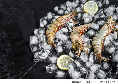 Fresh Black tiger prawns shrimps with lemon on ice. Raw Seafood. Black background. Top view. Free copy space 86841176