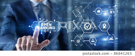 Open Banking Online Finance Concept. Man clicks on a virtual screen inscription Open Banking Online Finance Concept. Man clicks on a virtual screen inscription 86841263