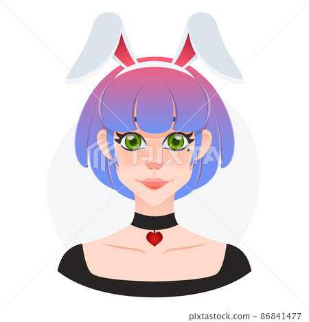 Pretty young woman cartoon avatar. Short hair beauty with rabbit ears acessory. Girl in wonderland. Gradient hairstyle Pretty young woman cartoon avatar. Short hair beauty with rabbit ears acessory. Girl in wonderland. Gradient hairstyle 86841477