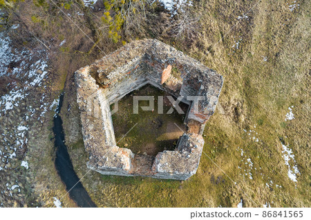 Aerial view of pentagonal bastion of Svirzh Castle, Ukraine. 86841565
