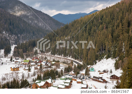 Winter resort Vorochta in Carpathian Mountains, Ukraine. Winter resort Vorochta in Carpathian Mountains, Ukraine. 86841567