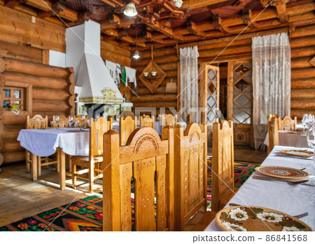 Interior of famous Ukrainian restaurant Hutsulshchyna, Yaremche. 86841568