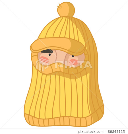 Funny man character in yellow tweed knitted balaclava hat Funny man character in yellow tweed knitted balaclava hat 86843115